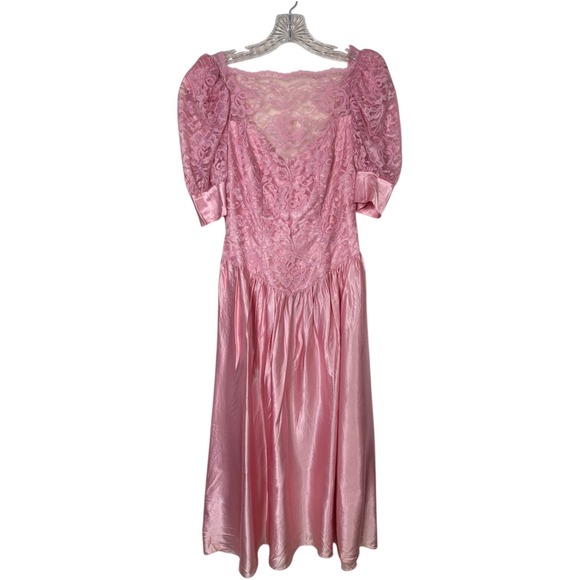 Vintage 80s Pink Lace Puff Sleeve Satin Dress Bow Back Formal Petite Small Prom - Picture 10 of 11